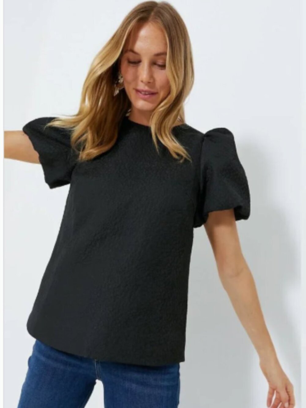 Pomander Place Black Jacquard Lyla Short Bubble Sleeve Blouse Size L